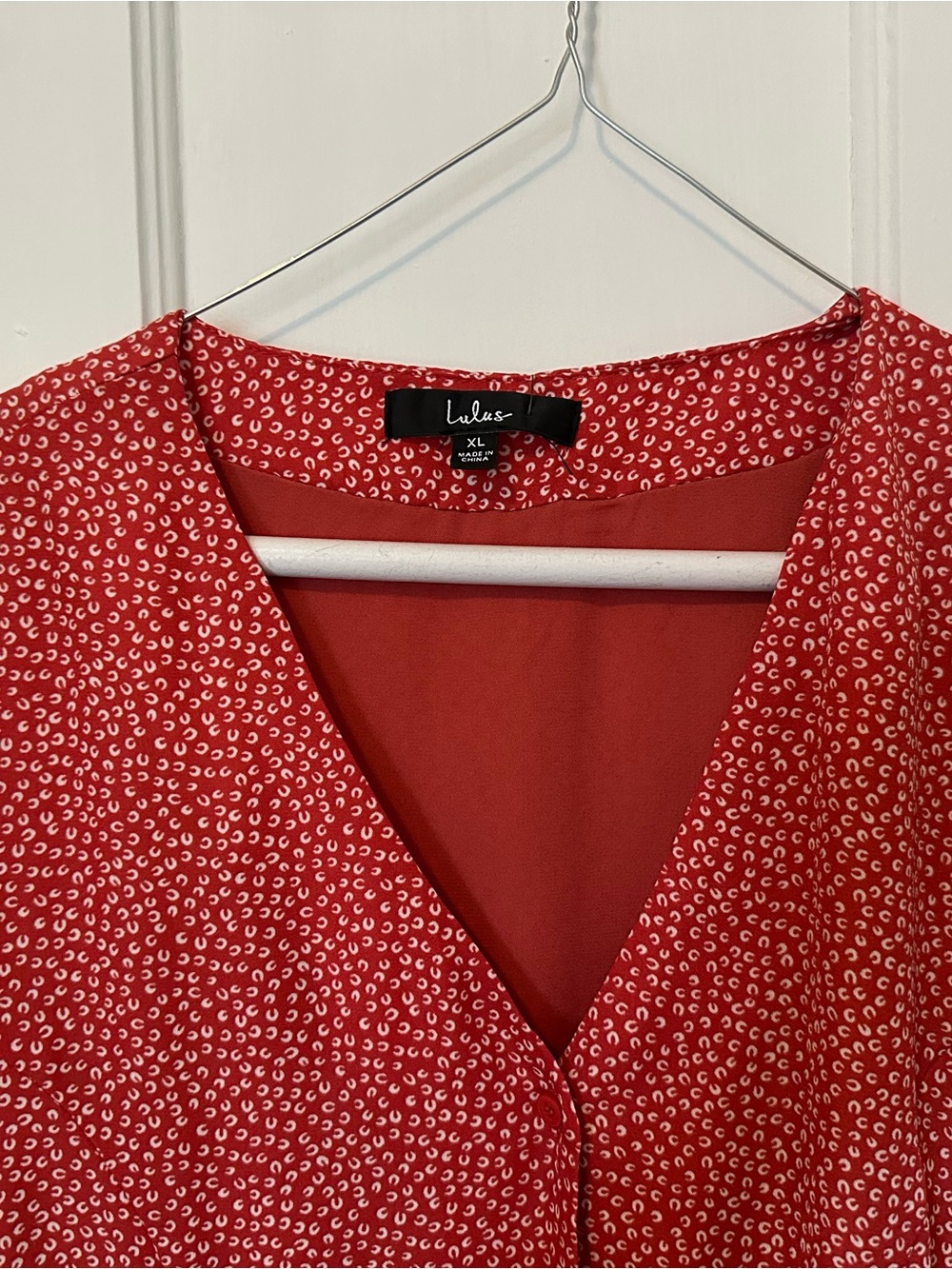 Lulu's Red V-Neck Patterned Dress with White Microprint